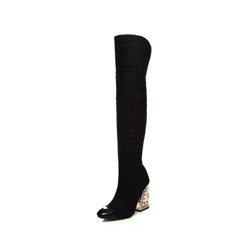 Fashion Sexy Women Pointed-Toe Boots Catwalk Style With Pearl Pattern Shaped Heel Over-The-Knee Large Size Shoes Party High Boot - KAISERINC