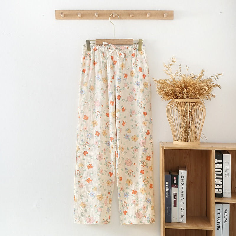 Women's Pajama Pants Summer Thin Trousers Casual Loose Home Sleep Bottoms Cotton Gauze Lounge Wear Elastic Waist Sleepwear - KAISERINC
