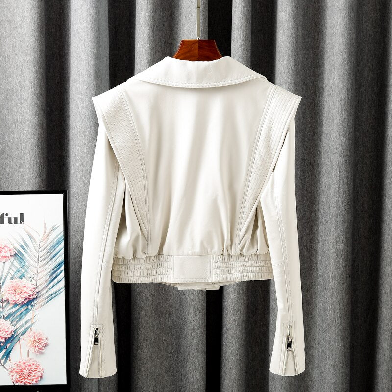 Jacket For Women New European Genuine Leather Coat Female Zipper Large Lapel Short Oversize Locotive Whtie - KAISERINC