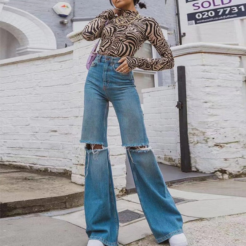 Summer New Fashion Ripped Loose Flared Jeans For Women Street Hipster Casual Denim Straight Pants - KAISERINC