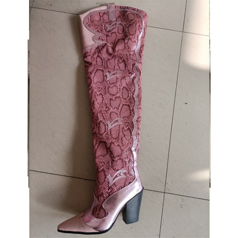 Women's Over-the-knee Boots Winter Pointed Toe Crude Heel Slip-on Botas Mujer Fashion Pink Snake Skin Hand-made Sexy Shoes - KAISERINC