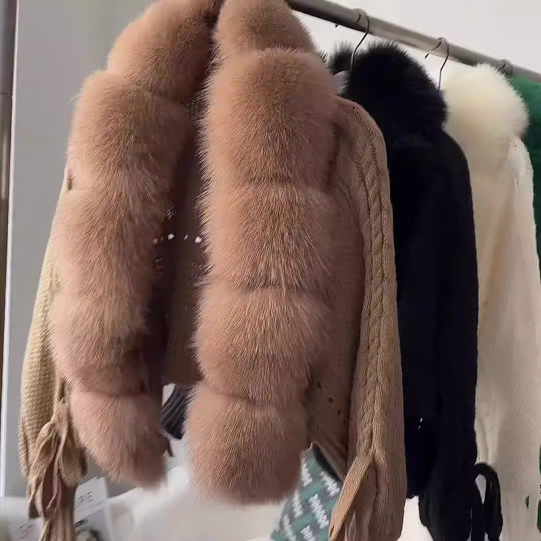 New Fashion Short Warm Loose Knitted Jacket with Natural Fur Placket Coat - KAISERINC