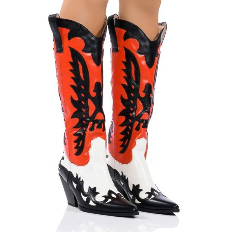 Women Multicolor Wedge Heels Boots Western Cowboy Cowgirl Pointy Toe Patchwork Knee High Boots Female - KAISERINC