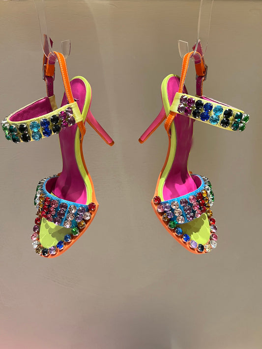 Newest Rhinestones High Heel Sandals Summer Open Toe Ankle Strap Dress Shoes Colorful Stones Wedding Heels - KAISERINC