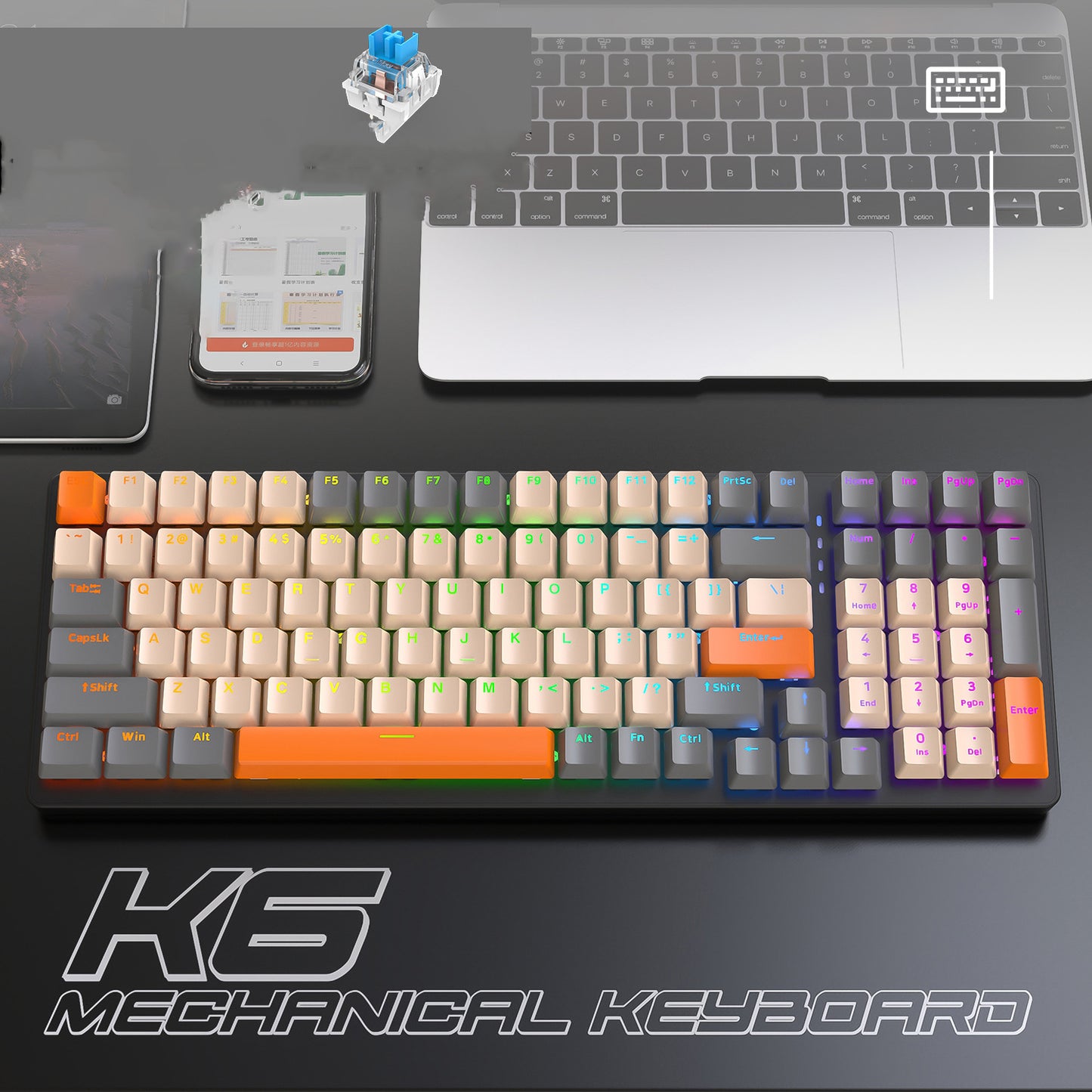 K6 Mechanical Keyboard Wireless 5.0 BT 2.4 Ghz Wired Three Modes Backlit Bluetooth Gamer Keyboard 100 Keys Keycaps Pc Gamer - KAISERINC