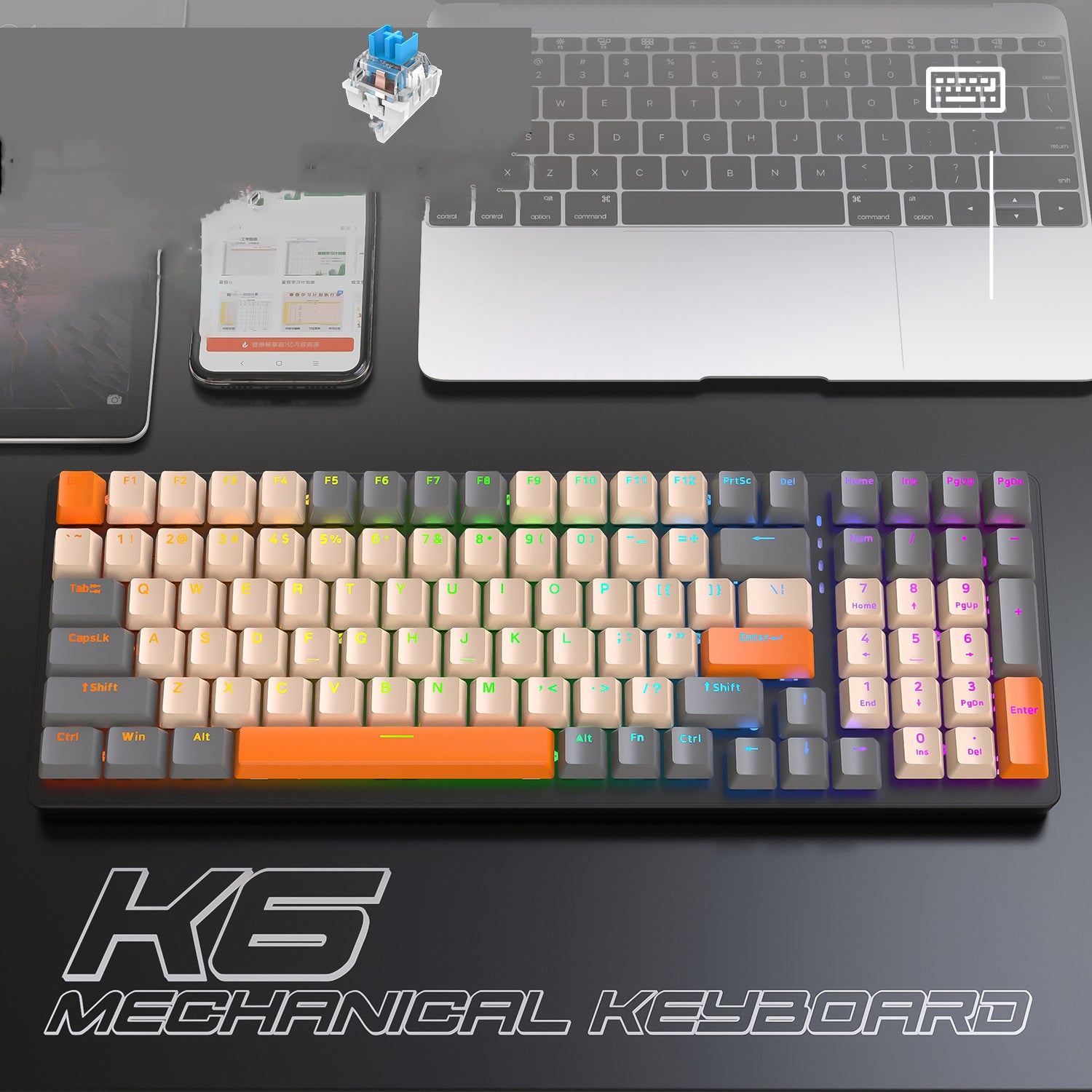 K6 Mechanical Keyboard Wireless 5.0 BT 2.4 Ghz Wired Three Modes Backlit Bluetooth Gamer Keyboard 100 Keys Keycaps Pc Gamer - KAISERINC