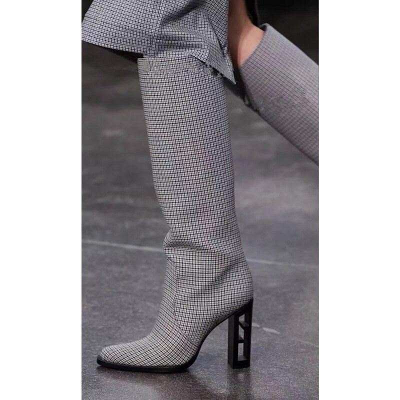Ladies Autumn Pointed Toe Knee Boots Brand New Hollow Wooden High Heel Sexy High Boots/Red Brown/Black/Grey Plaid 34-43 Sizes - KAISERINC