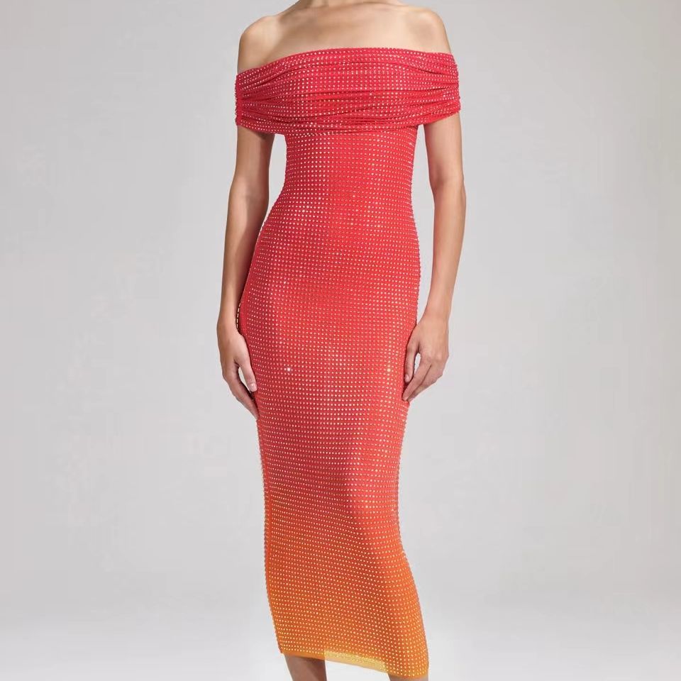 Heavy hot drilling midi dress women Slash neck sexy slim long dress - KAISERINC