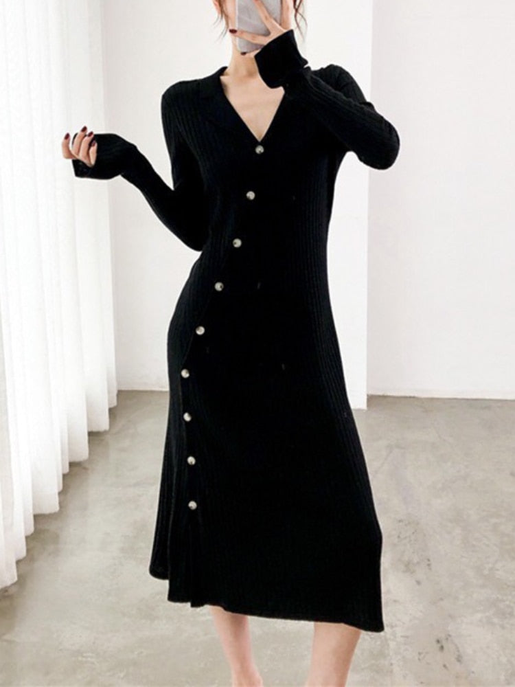 Autumn New Wool Knitted Women Dress French Style Medium-length Waist-skimming Sweater Dress High Quality Robe Dress