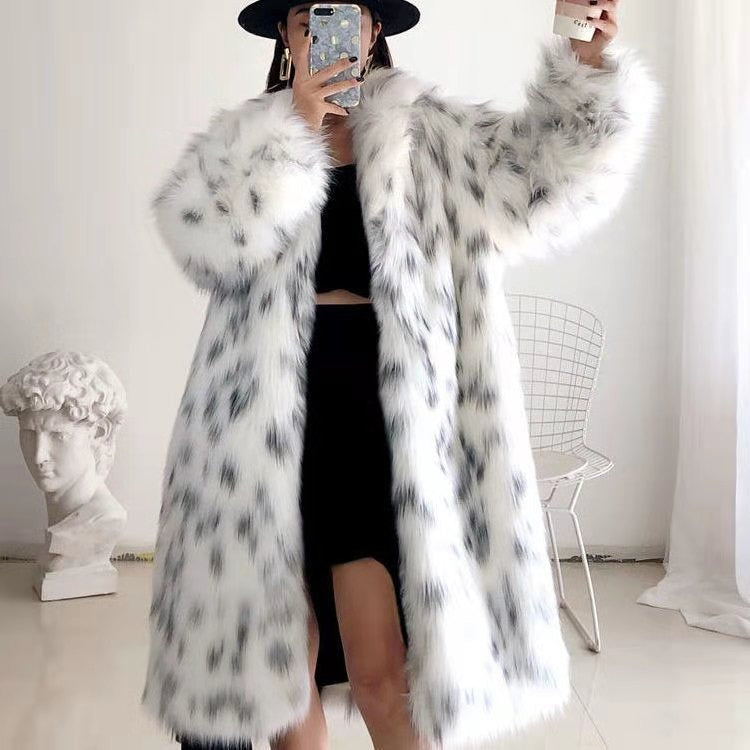 Fashion Fluffy Warm Faux Fur Jacket Women Lapel Long Elegant White Leopard Faux Mink Fur Coat Jackets - KAISERINC