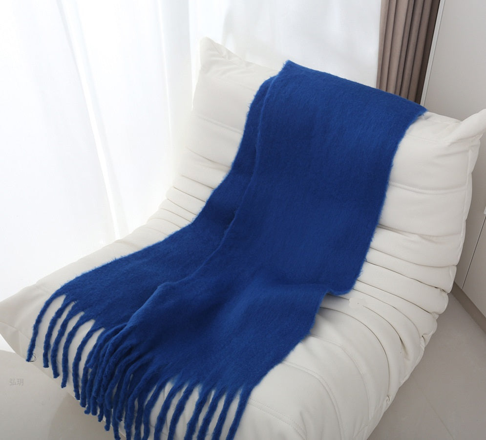 Mohair solid color scarf for women winter warm scarf macaron color thick braid tassel shawl - KAISERINC