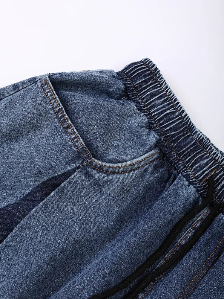 Navy Blue Denim Color-block Wide Leg Jeans High Waist New Loose Women Trousers Fashion Tide Spring Autumn