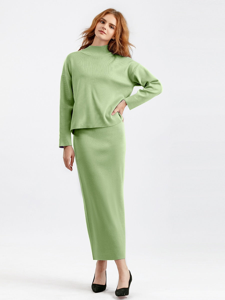 2 Pieces Knit Sets Women Maxi Skirt Tracksuits Winter Warm Turtleneck Sweater + Long Midi Straight Skirt Two Pieces Sets - KAISERINC