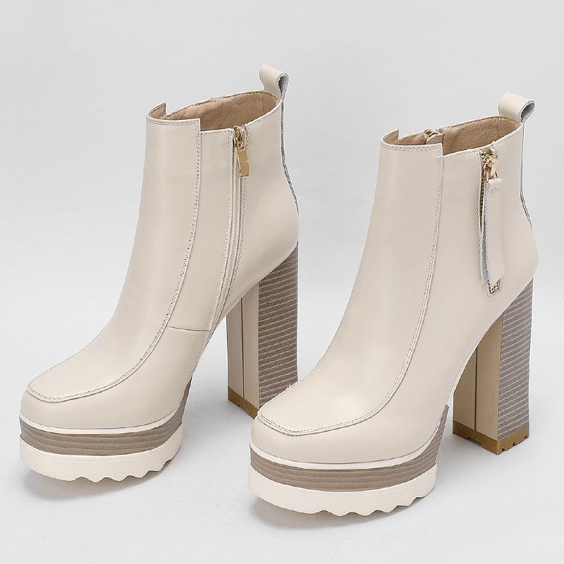 Autumn And Winter High Heels Thick Heel New Women's Boots Thick-Soled Waterproof Platform Short Boots Beige Bare Boots 13cm - KAISERINC