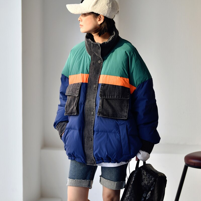 Korean Casual Neutral Stitching Color Cowboy stitching  loose  Standing Collar White Duck Down Jacket