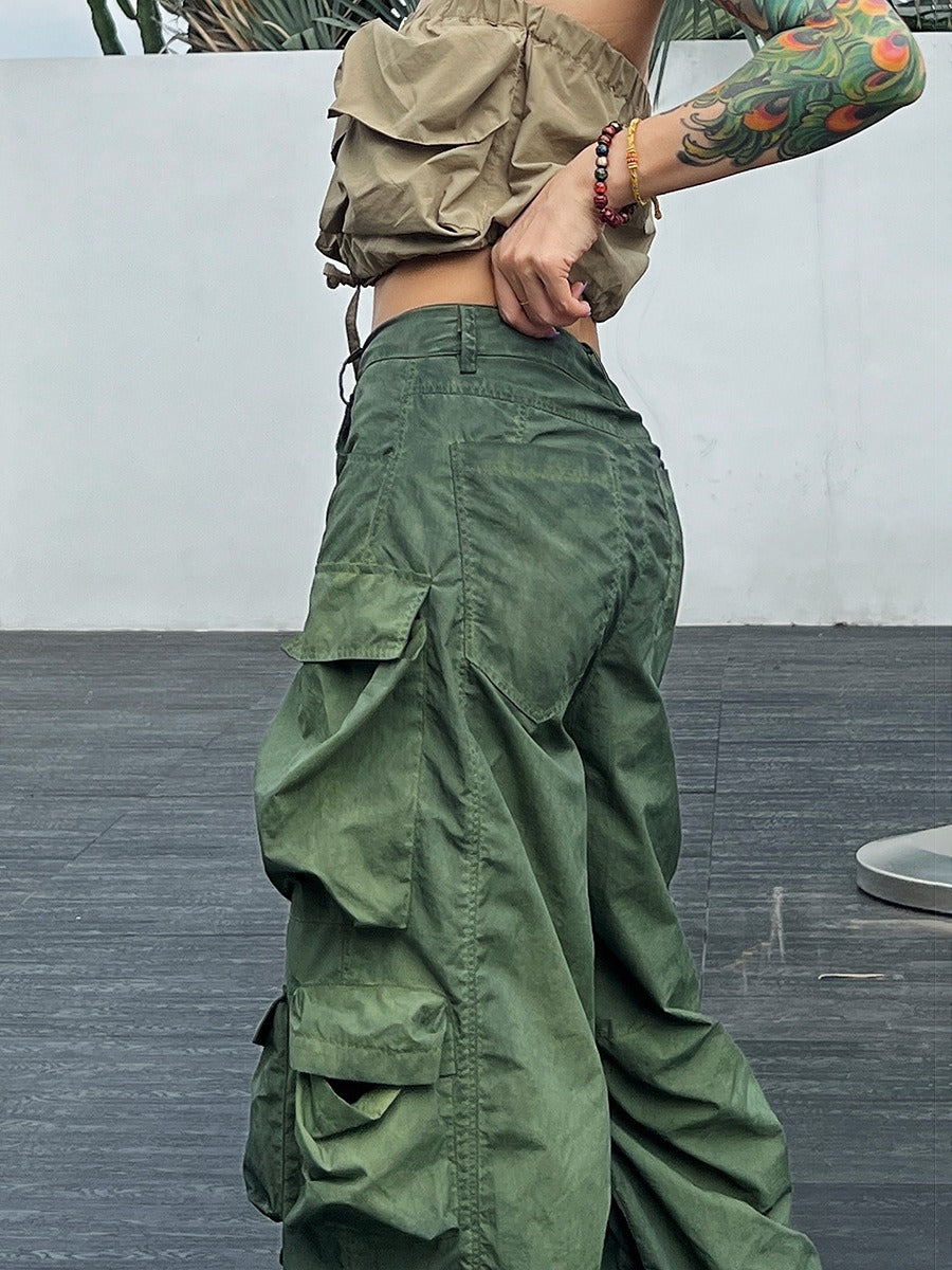 Solid Loose Pants For Women High Waist Patchwork Pockets Casual Streetwear Cargo Pant Female Fashion Clothing - KAISERINC