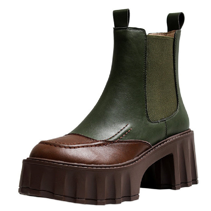 Women Thick Heels Ankle Boots Fashion Mixed Colors Genuine Leather Platforms Shoes Autumn Winter Working Casual - KAISERINC