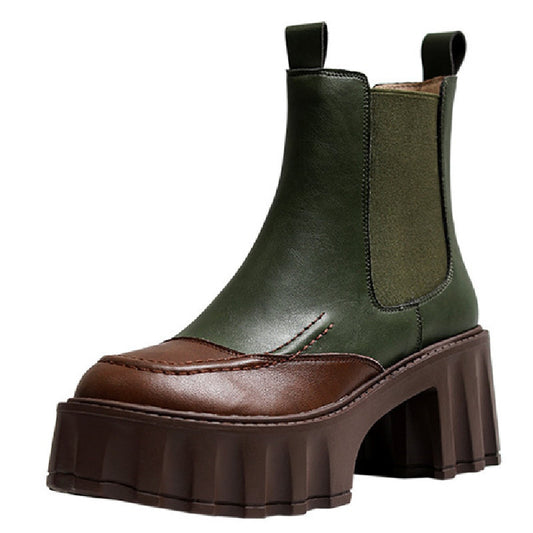 Women Thick Heels Ankle Boots Fashion Mixed Colors Genuine Leather Platforms Shoes Autumn Winter Working Casual - KAISERINC
