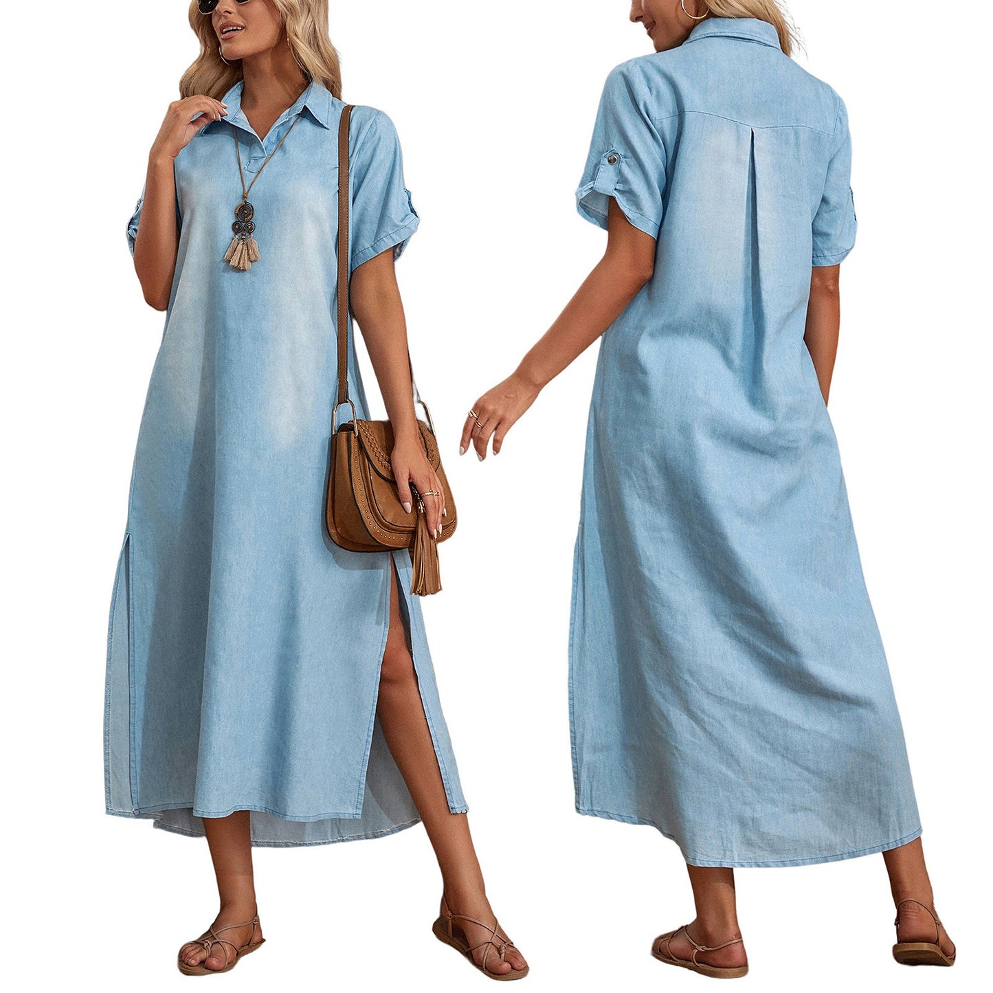 Casual Women Loose Dress Lapel Vintage Summer Side Slitting Hem Loose Long Denim Dress - KAISERINC