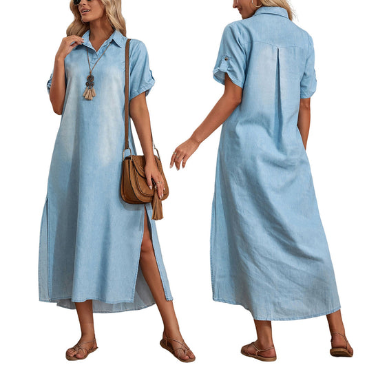 Casual Women Loose Dress Lapel Vintage Summer Side Slitting Hem Loose Long Denim Dress - KAISERINC