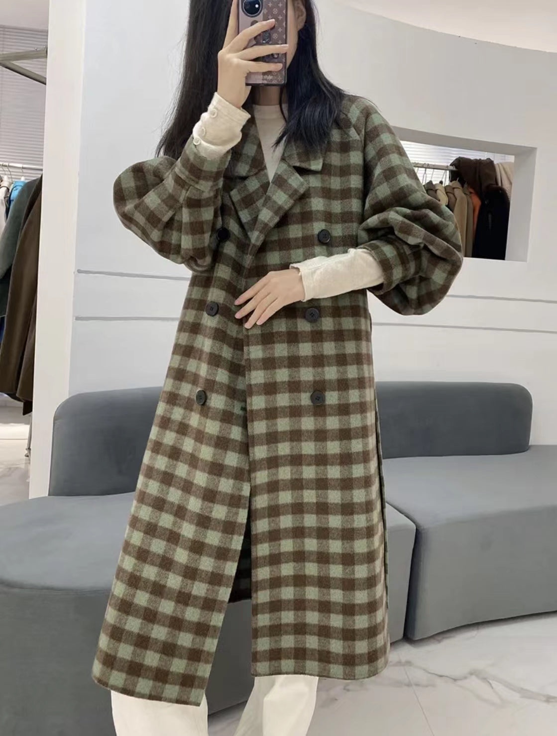 Autumn New Monochrome Card Green Plaid Lace Double-Sided Woolen Women's Long Coat - KAISERINC