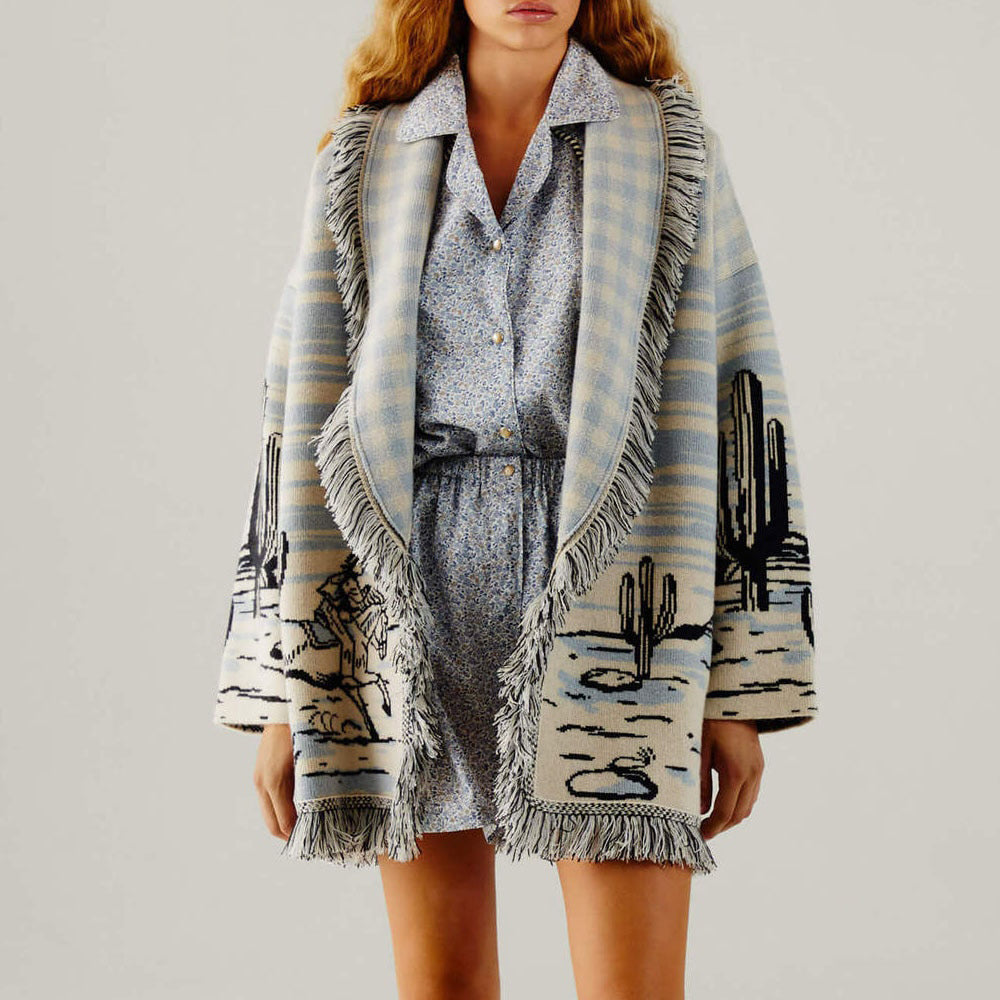 Cardigan Sweater Women Wool Kniited Tassel Doodle Jacquard Loose Full Sleeve High Quality Cashmere Winter Jacket - KAISERINC