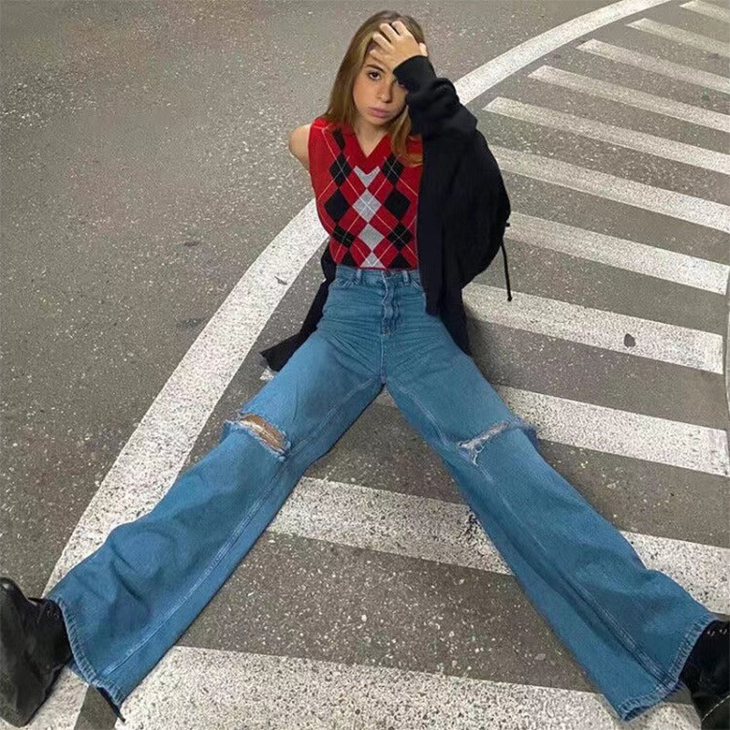 Summer New Fashion Ripped Loose Flared Jeans For Women Street Hipster Casual Denim Straight Pants - KAISERINC