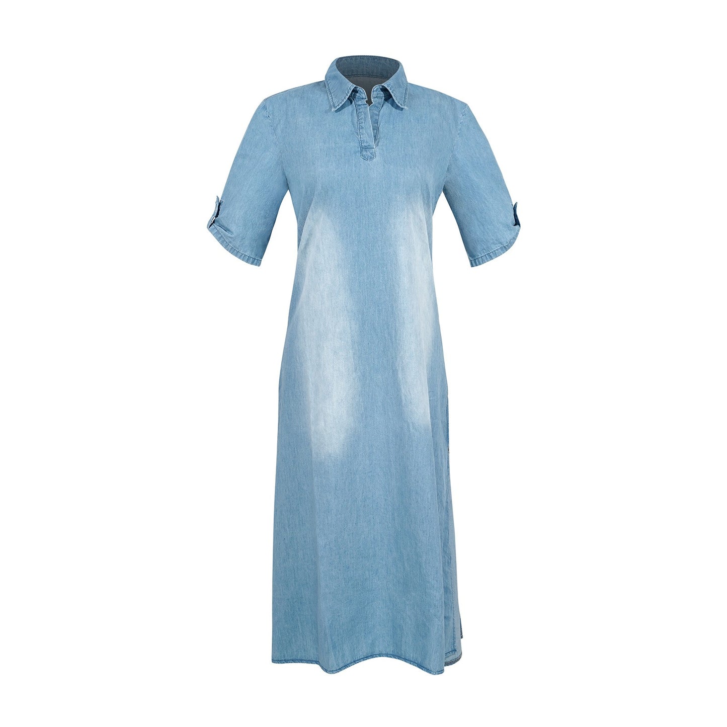 Casual Women Loose Dress Lapel Vintage Summer Side Slitting Hem Loose Long Denim Dress - KAISERINC
