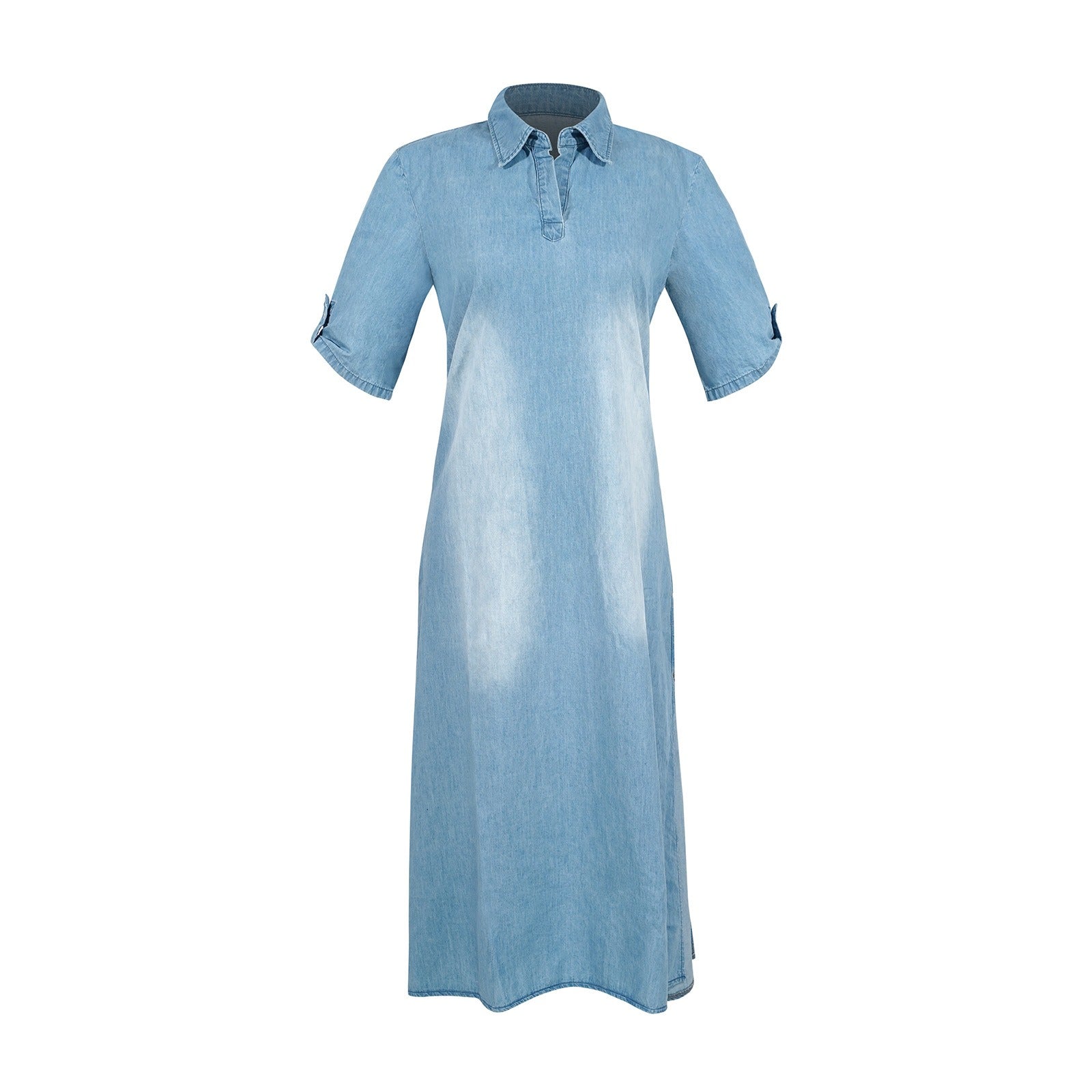 Casual Women Loose Dress Lapel Vintage Summer Side Slitting Hem Loose Long Denim Dress - KAISERINC