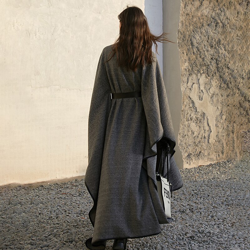 Loose Patchwork Wool Jacket For Women O Neck Batwing Sleeve Casual Solid Cloak Coat Female Fashion New - KAISERINC