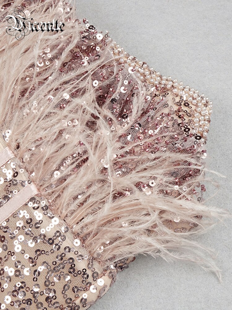New Apricot Pink Tube Top Mesh Sequin Long Skirt Evening Dress Goddess Toast Party Dress - KAISERINC