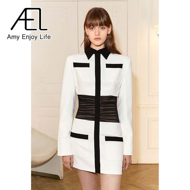 Black And White Collision Color Slim Modern Retro Sexy Black Mesh Waist Dress - KAISERINC