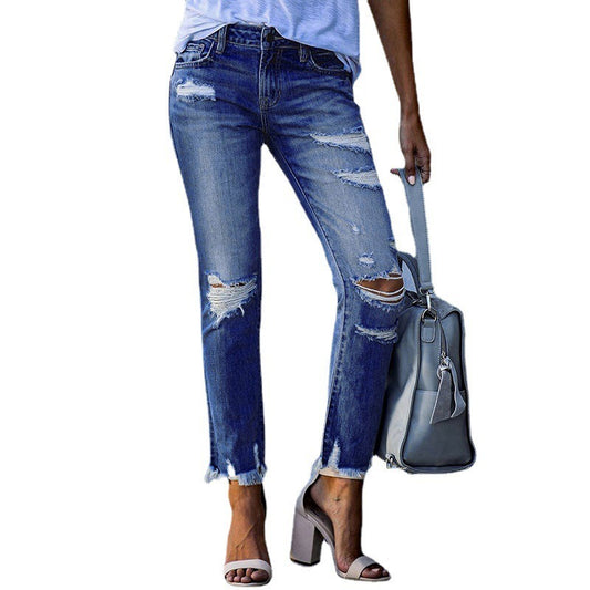 New Pencil Pants Ripped Slim Fit High Waist Vintage Streetwear Casual Fashion Stretch Blue Jeans Woman - KAISERINC