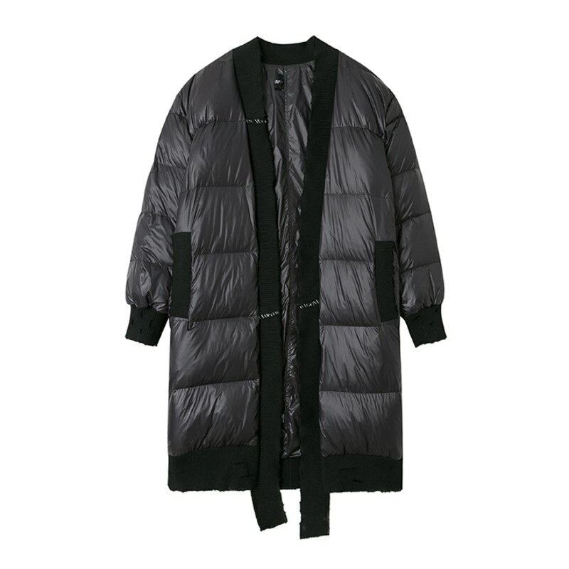 Loose Fit Black Spliced Down Jacket New V-neck Long Sleeve Warm Women Parkas Fashion for Autumn Winter - KAISERINC
