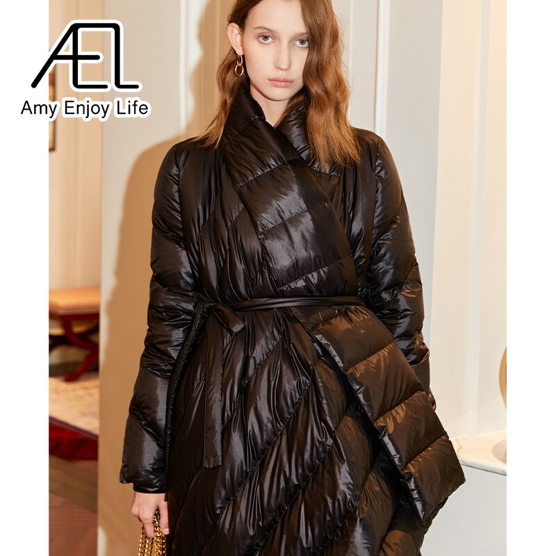 AEL Belt Down Jacket Women Winter Irregular Long Coat Fashion Parka Lady Streetwear High Quality - KAISERINC