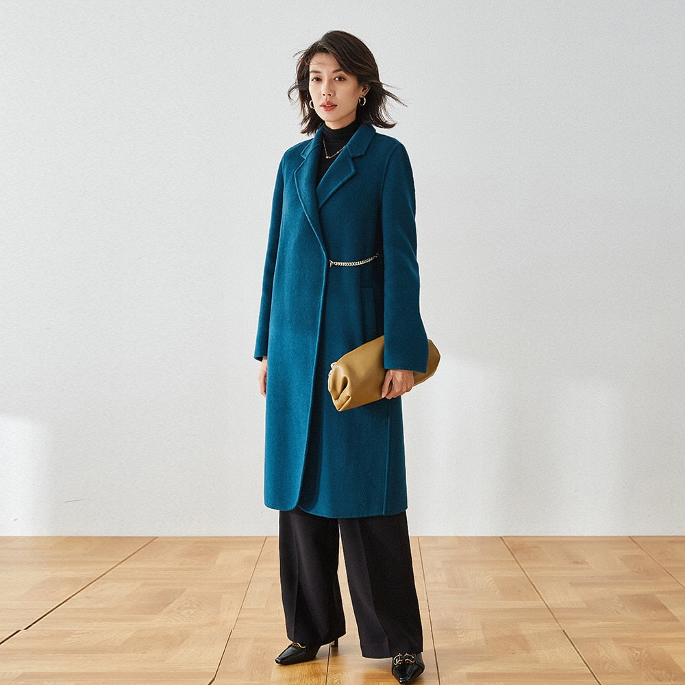 Autumn And Winter Straight Lapel Simple Belt Chain Long Reversible Wool Coat Wool Coat - KAISERINC