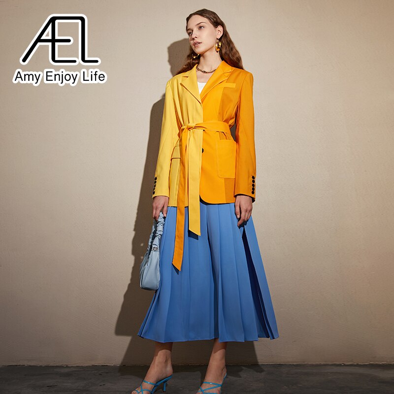AEL Yellow Blazer Jacket Causal Women Long-Sleeve Loose Coat Color Blocking Fashion Streetwear - KAISERINC