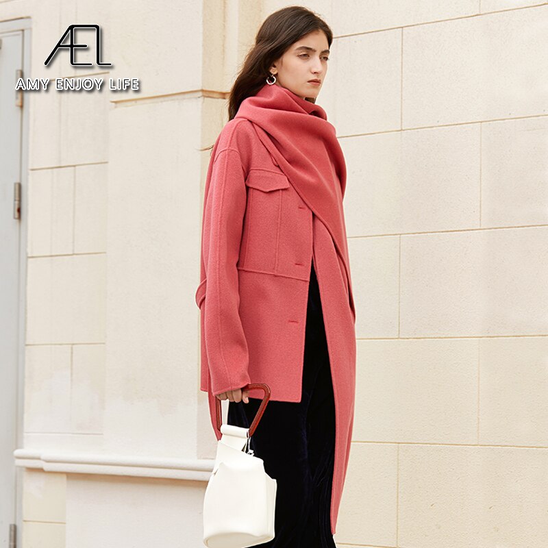 100% Wool Woolen Coat With Belt Spring Autumn Jacket For Women Solid With Scarf Warm Fashion Streetwear - KAISERINC