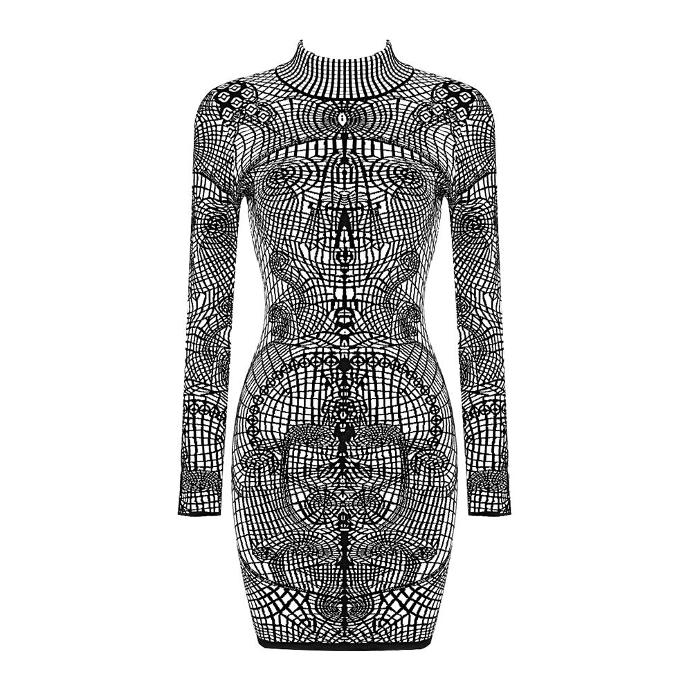 Niche Designer Brand Women's Stand Collar Long Sleeve Skinny Skirt Print Dress - KAISERINC