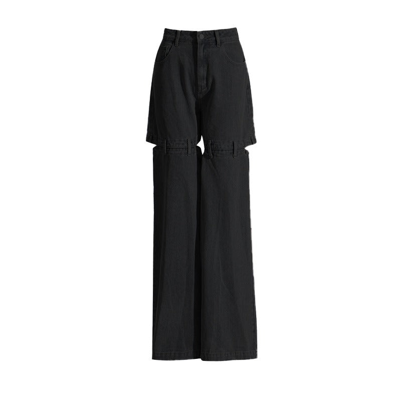 Solid Hollow Out Jeans For Women High Waist Patchwork Zipper Minimalist Casual Wide Leg Jean Female - KAISERINC