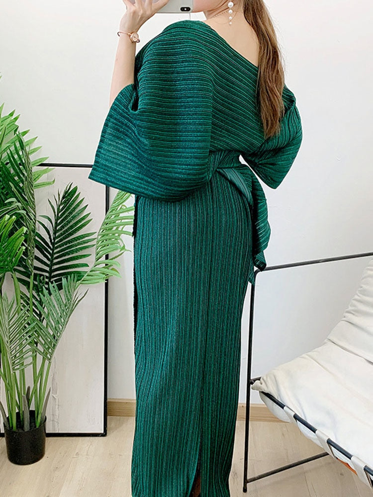 Two Pieces Pleated Skirt Set For Women Batwing Sleeves Loose Top With Long Length Skirts Female Elegant Clothing - KAISERINC