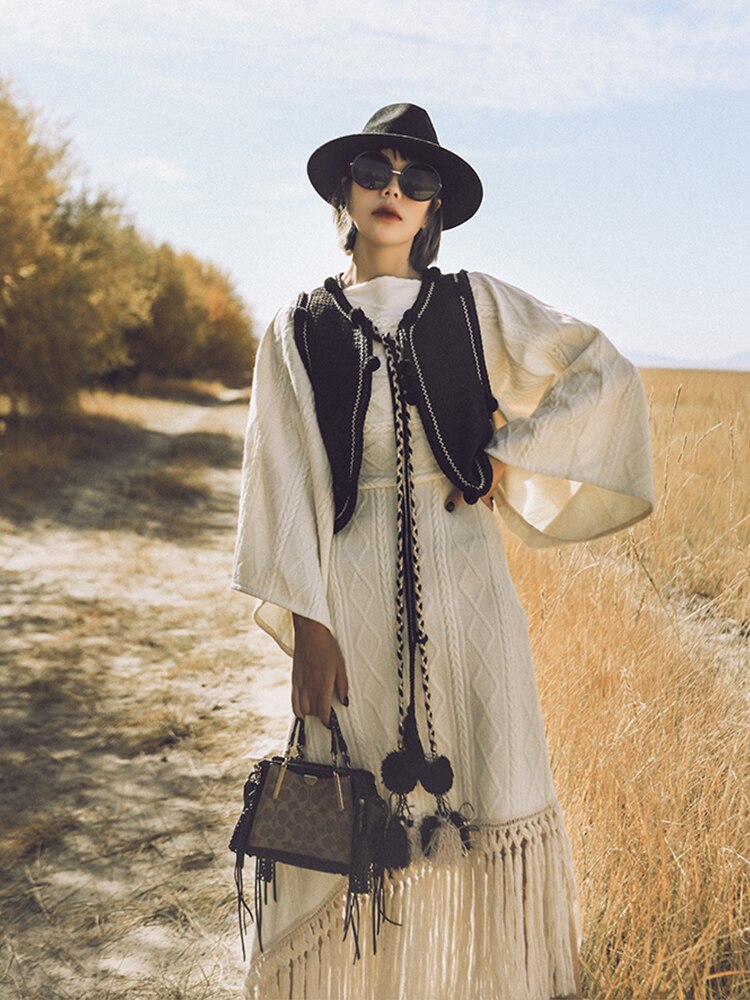 Vintage Versatile Tassel Knitted Dress Women's Spring and Autumn New Style Sweater Long Dress - KAISERINC