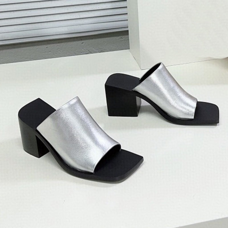 Sandals Fashion Minimalist Temperament Solid Thick Heel Commuter Slippers - KAISERINC