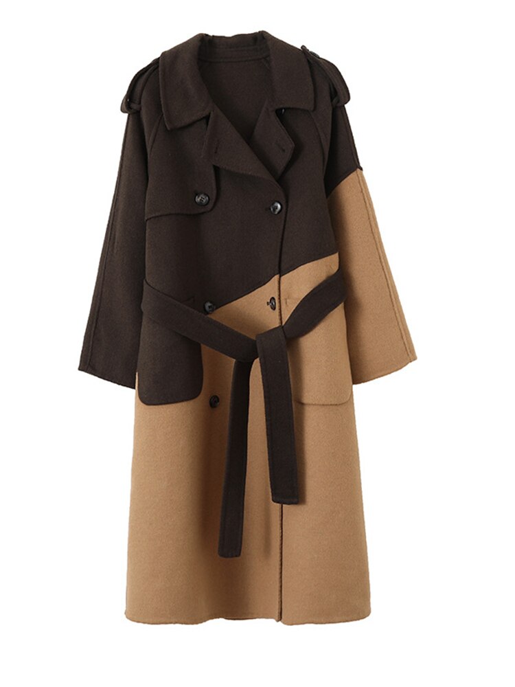 Loose Fit Khaki Color-block Big Size Woolen Coat Parkas New Long Sleeve Women Fashion Trend Autumn Winter - KAISERINC