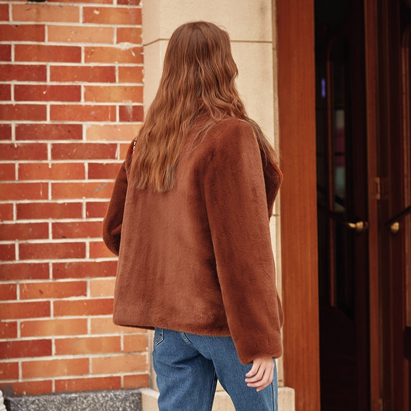 Caramel Fashionable Large Lapel Fur Coat Women's Autumn And Winter Thickened Short Coat - KAISERINC