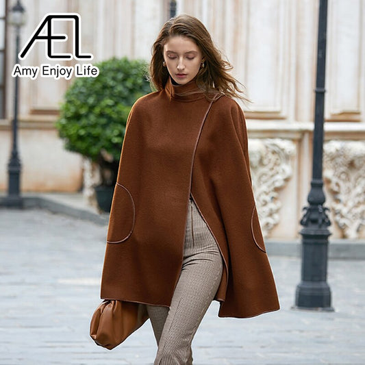 AEL Winter Wool Coat Women's Poncho Jacket Warm Cape Overcoat Long Cloak Outwear Casual Shawl Female - KAISERINC