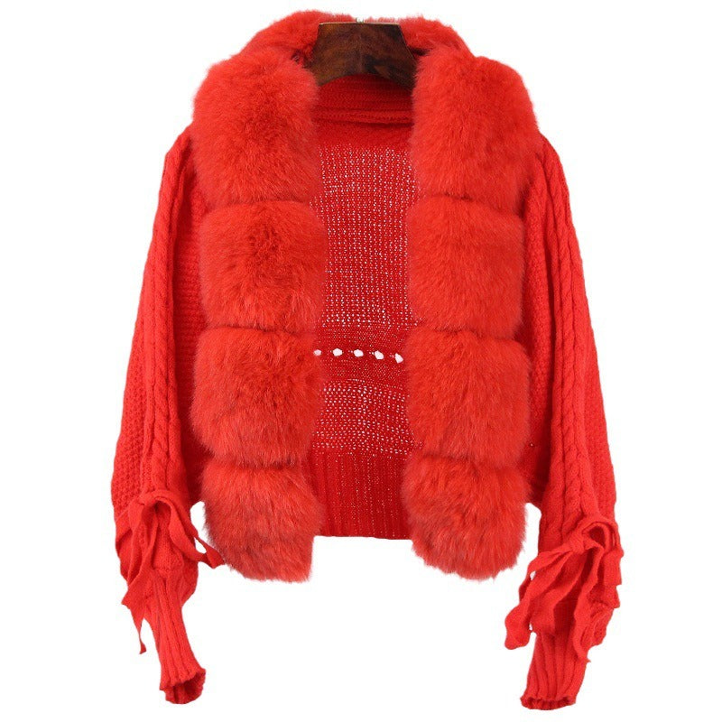 New Fashion Short Warm Loose Knitted Jacket with Natural Fur Placket Coat - KAISERINC