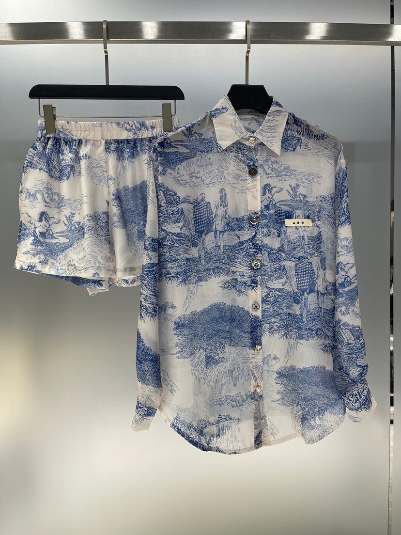 Two Piece Sets For Women Lapel Long Sleeve Spliced Button Shirts High Waist Shorts Summer Set Female New - KAISERINC