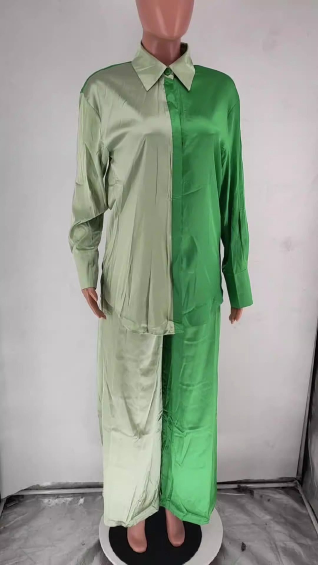 Elegant Satin Women's Matching 2 Piece Sets Casual Long Sleeve Panelled Shirt Pants Suit - KAISERINC