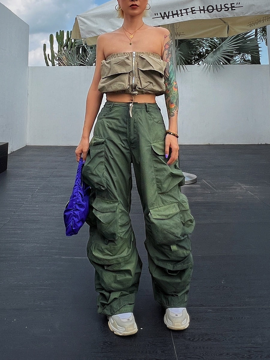 Solid Loose Pants For Women High Waist Patchwork Pockets Casual Streetwear Cargo Pant Female Fashion Clothing - KAISERINC